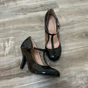 Black Patent Leather T-Strap Heels